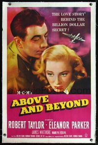 7w050 ABOVE & BEYOND linen 1sh '52 great romantic close up of pilot Robert Taylor & Eleanor Parker!