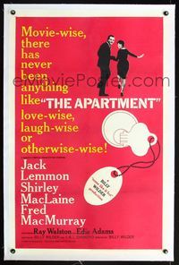 7w054 APARTMENT linen 1sh '60 Billy Wilder, Jack Lemmon, Shirley MacLaine, cool key-in-lock art!