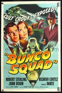 7w074 BUNCO SQUAD linen 1sh '50 unmasking the phoney spiritualist cult ring, great film noir art!