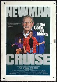 7w085 COLOR OF MONEY linen 1sh '86 Robert Tanenbaum art of Paul Newman & Tom Cruise playing pool!