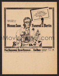 6z204 FUNERAL IN BERLIN herald '67 cool art of Michael Caine pointing gun, directed by Guy Hamilton!