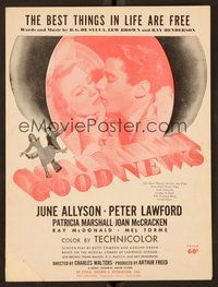 6z775 GOOD NEWS sheet music '47 June Allyson & Peter Lawford, The Best Things in Life Are Free!