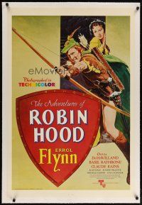 2e063 ADVENTURES OF ROBIN HOOD linen 1sh R76 art of Errol Flynn as Robin Hood, Olivia De Havilland