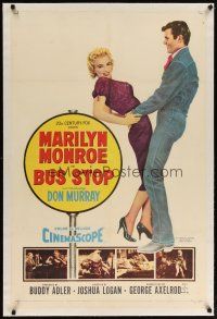 2e099 BUS STOP linen 1sh '56 great art of sexy smiling Marilyn Monroe held by cowboy Don Murray!