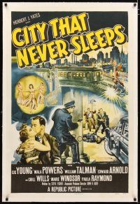 2e110 CITY THAT NEVER SLEEPS linen 1sh '53 great art of gunfight under elevated train in Chicago!