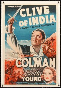 2e112 CLIVE OF INDIA linen int'l 1sh '35 stone litho of Ronald Colman with sword & Loretta Young!