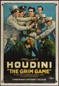 4g001 GRIM GAME straight jacket style linen 1sh '19 stone litho of Harry Houdini being restrained!