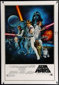 7r001 STAR WARS linen style C 1sh '77 George Lucas, art by Tom Chantrell, printed WITH PG rating!