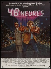 3p569 48 HRS. French 1p 1983 different art of Eddie Murphy giving the finger & Nick Nolte w/gun!