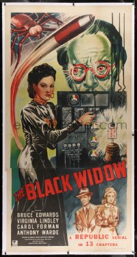 2h007 BLACK WIDOW linen 3sh 1947 Republic serial, different art of evil Carol Forman in laboratory!
