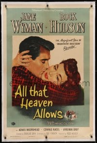 2h028 ALL THAT HEAVEN ALLOWS linen 1sh 1955 close up romantic art of Rock Hudson kissing Jane Wyman!