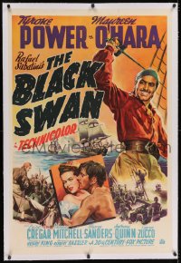 2h042 BLACK SWAN linen 1sh 1942 art of swashbuckler Tyrone Power & Maureen O'Hara, very rare!