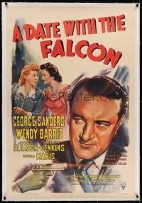 2h080 DATE WITH THE FALCON linen 1sh 1941 art of detective George Sanders & Barrie + shooting gun!