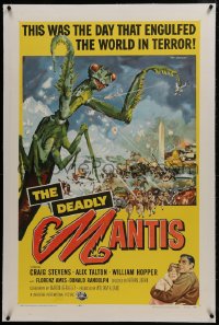 2h083 DEADLY MANTIS linen 1sh 1957 classic art of giant insect by Washington Monument by Ken Sawyer!