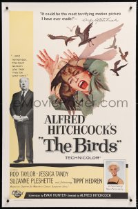 8x036 BIRDS linen 1sh 1963 director Alfred Hitchcock shown, Tippi Hedren, classic intense art!