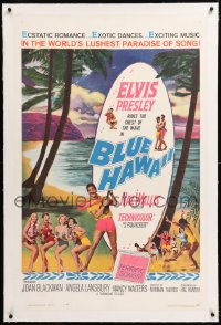 8x042 BLUE HAWAII linen 1sh 1961 Elvis Presley plays a ukulele for sexy ladies on the beach!