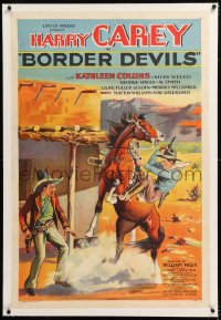 8x044 BORDER DEVILS linen 1sh 1932 art of cowboy Harry Carey on rearing horse with gun drawn, rare!