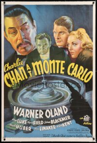 8x058 CHARLIE CHAN AT MONTE CARLO linen 1sh 1937 stone litho of Warner Oland & roulette wheel, rare!