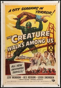 8x067 CREATURE WALKS AMONG US linen 1sh 1956 Reynold Brown art of monster over Golden Gate Bridge!