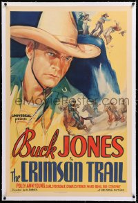 8x068 CRIMSON TRAIL linen 1sh 1935 incredible art of Buck Jones c/u & riding horse, ultra rare!