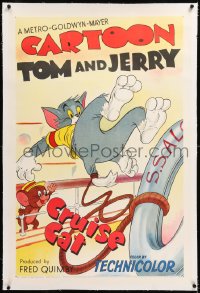 8x069 CRUISE CAT linen 1sh 1952 art of Jerry pushing Tom overboard from ship & waving goodbye, rare!