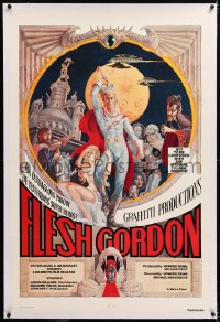 8x087 FLESH GORDON linen 1sh 1974 sexy sci-fi spoof, wacky erotic super hero art by George Barr!