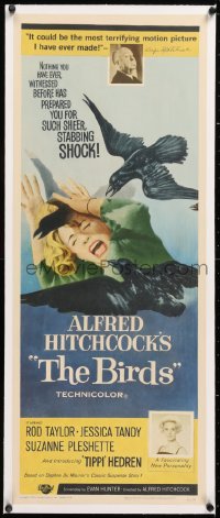 8x015 BIRDS linen insert 1963 Alfred Hitchcock shown, introducing Tippi Hedren, classic attack art!