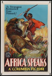 1z009 AFRICA SPEAKS linen 1sh 1930 art of native man taking down a lion with spear, ultra rare!