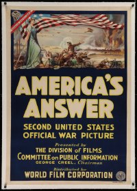 1z012 AMERICA'S ANSWER linen 1sh 1918 stone litho of Columbia on battlefield with soldiers, rare!