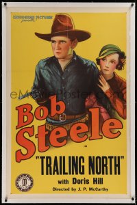 1z033 BOB STEELE linen 1sh 1930s art of cowboy Bob Steele protecting woman, Trailing North, rare!