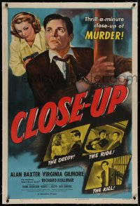 1z057 CLOSE-UP linen 1sh 1948 Alan Baxter, Virginia Gilmore, thrill-a-minute close-up of MURDER!