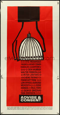 5j0622 ADVISE & CONSENT 3sh 1962 Otto Preminger, Saul Bass art of giant hand holding capitol dome!
