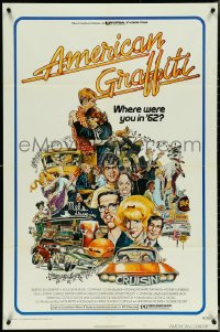 5j0834 AMERICAN GRAFFITI 1sh 1973 George Lucas teen classic, Mort Drucker montage art of cast!