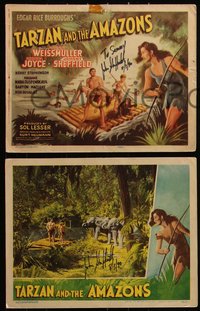 6t0001 TARZAN & THE AMAZONS 8 LCs 1945 four signed by Johnny Sheffield, great images of Weissmuller!