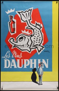6w0130 LES VINS DAUPHIN 31x47 French advertising poster 1950s man admiring fish w/crown, ultra rare!