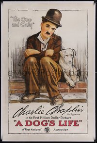 7a0587 DOG'S LIFE linen 1sh 1918 art of the one & only Charlie Chaplin & his beloved dog, ultra rare!