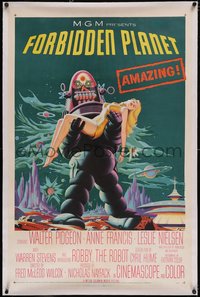 7a0615 FORBIDDEN PLANET linen 1sh 1956 most classic art of Robby the Robot holding sexy Anne Francis!
