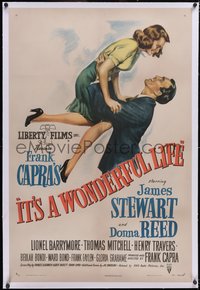 7a0665 IT'S A WONDERFUL LIFE linen 1sh 1946 art of James Stewart & Donna Reed in Frank Capra classic!