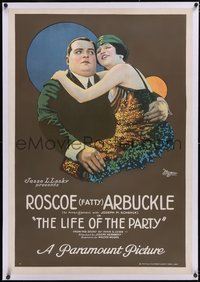 7a0684 LIFE OF THE PARTY linen 1sh 1920 art of Roscoe Fatty Arbuckle with girl on lap, ultra rare!