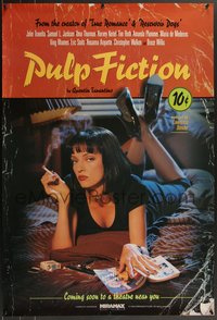 7a0171 PULP FICTION advance 1sh 1994 Quentin Tarantino, Uma Thurman smoking Lucky Strike cigarettes!