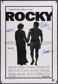 7a0771 ROCKY signed linen studio style 1sh 1976 by Sylvester Stallone, Shire, Young, AND Weathers!
