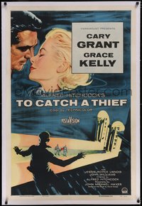 7a0828 TO CATCH A THIEF linen 1sh 1955 art of beautiful Grace Kelly & Cary Grant, Alfred Hitchcock!