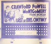 LAST OF MRS. CHEYNEY ('37) miniature 24sh stand