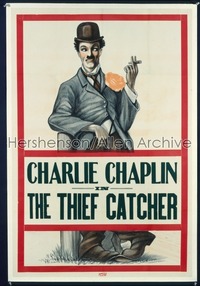 CHARLIE CHAPLIN linen 1sh 1910s art of Charlie Chaplin smoking cigar, The Thief Catcher!