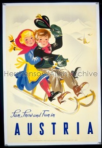 AUSTRIA travel poster '52 art of children on sled by Fritz Grunbock