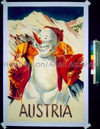 AUSTRIA travel poster '50s women kissing a smiling snowman