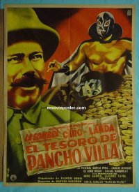 #1376 EL TESORO DE PANCHO VILLA Mexican poster 1954  art of masked wrestler & pile of gold by Diaz!