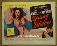 #9442 YOUNG WIDOW Title Lobby Card '46 sexy Jane Russell