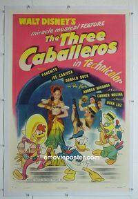 B230 3 CABALLEROS linen one-sheet movie poster '44 Donald Duck, Disney