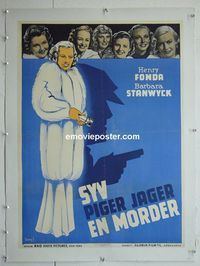 B124 MAD MISS MANTON linen Danish movie poster '38 Stanwyck, Fonda